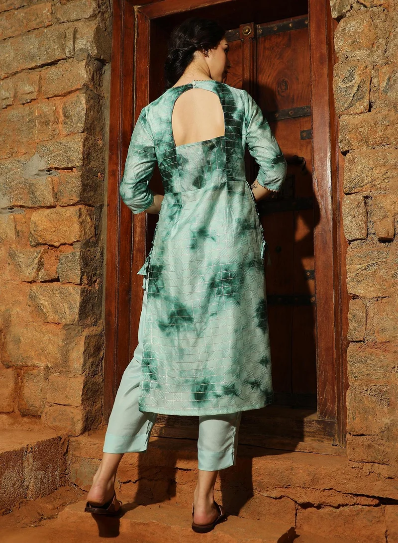 Qissa  Women's Forest Green Tie-Dye Kurta With Trousers For Casual Wear | Round Neck | Quarter Sleeves | 2 Piece Kurta Set Designed With Comfort Fit For Everyday Ethnic Wear for Women | Best Price UAE